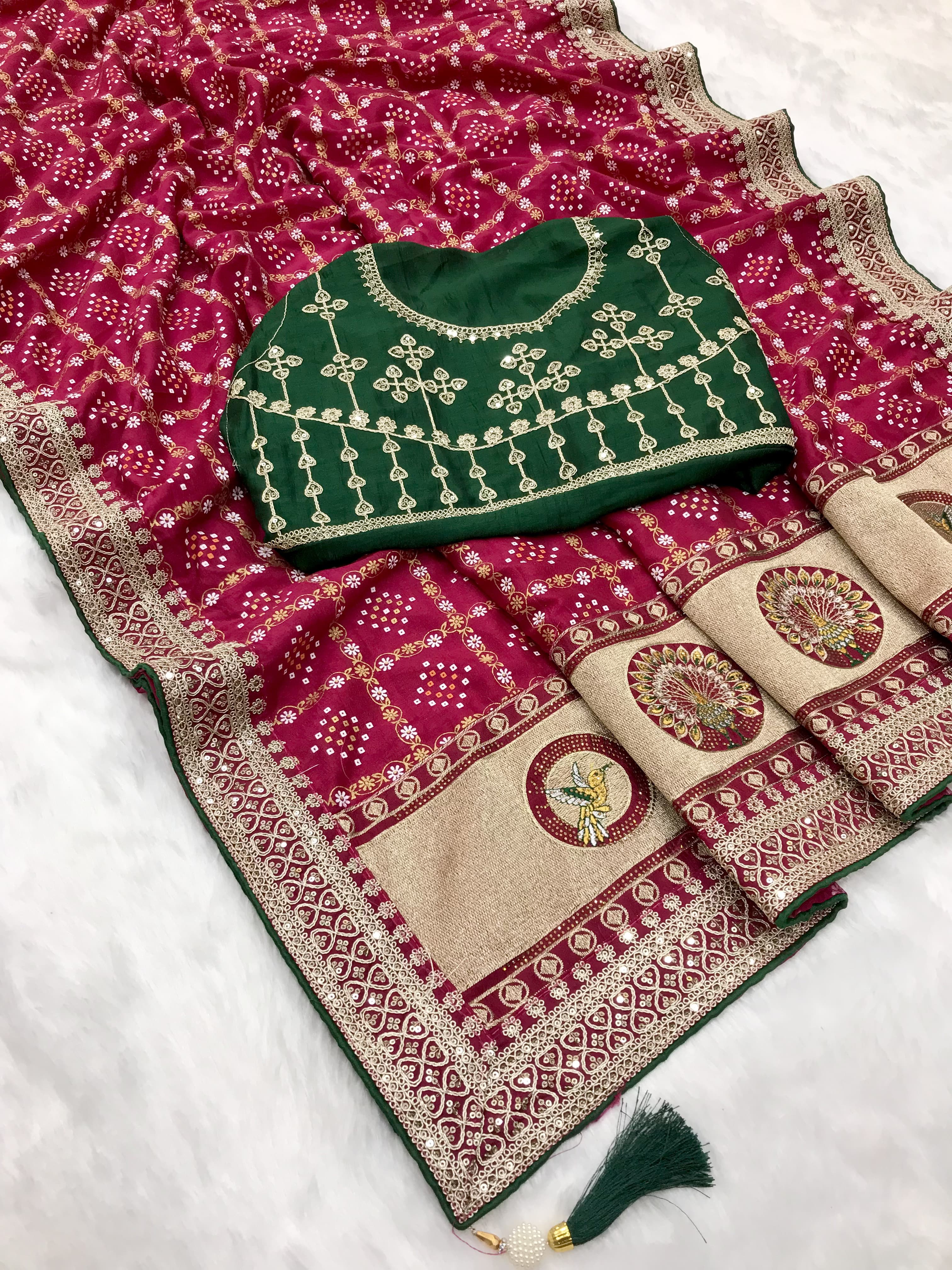 Green traditional blooming vichitra khadi bandhej silk saree - ANIBEY