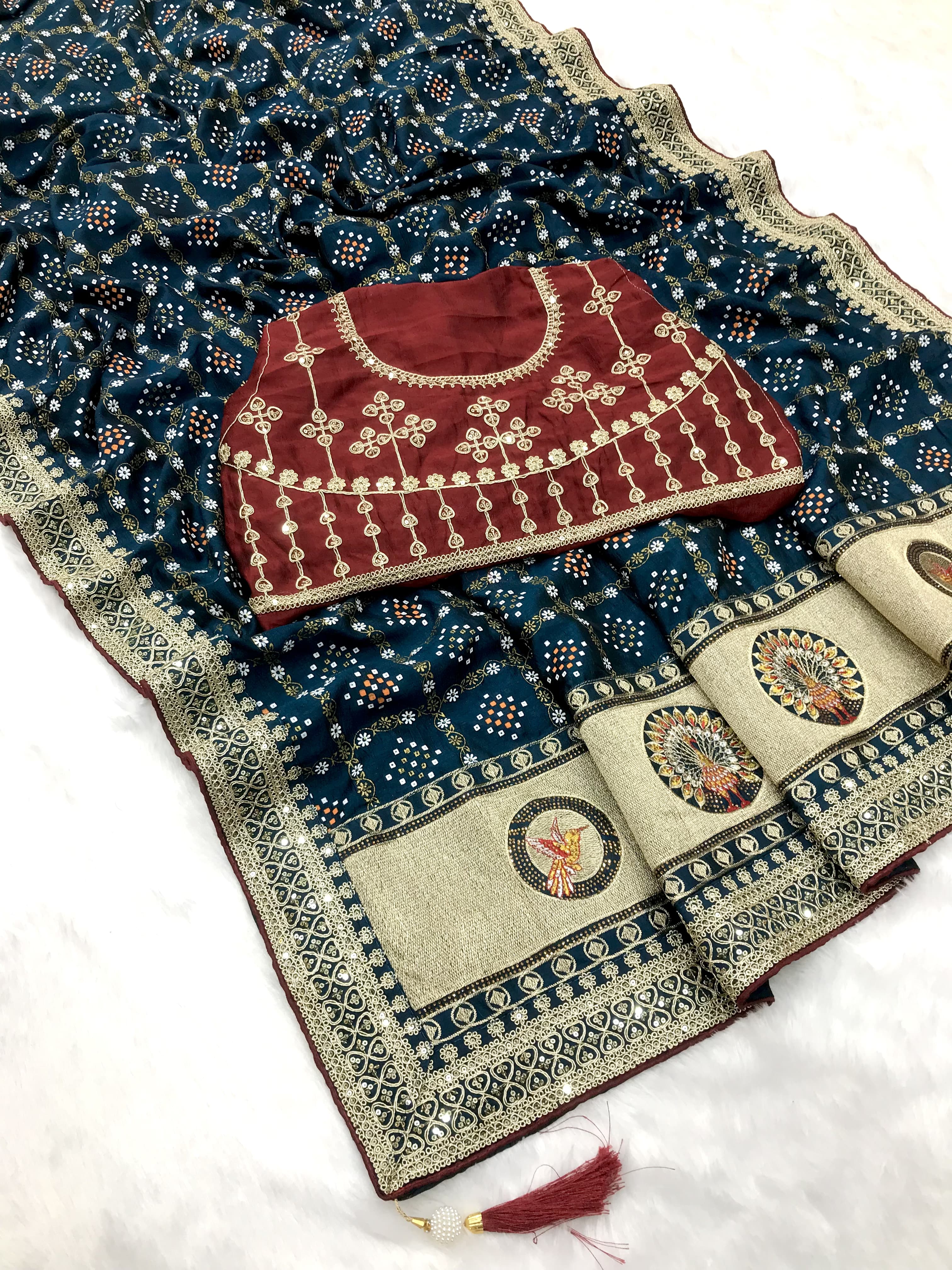 Green traditional blooming vichitra khadi bandhej silk saree - ANIBEY