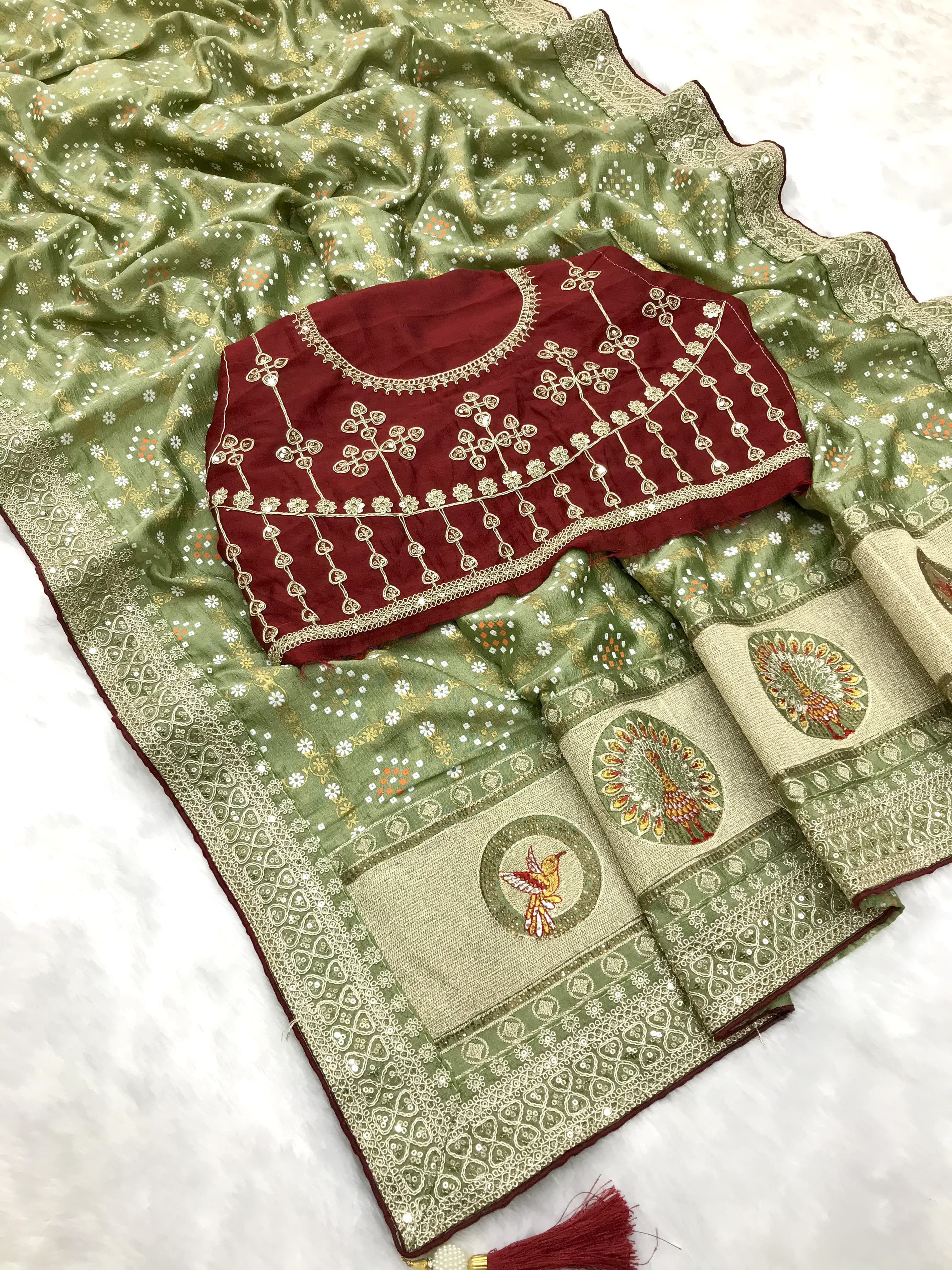 Green traditional blooming vichitra khadi bandhej silk saree - ANIBEY