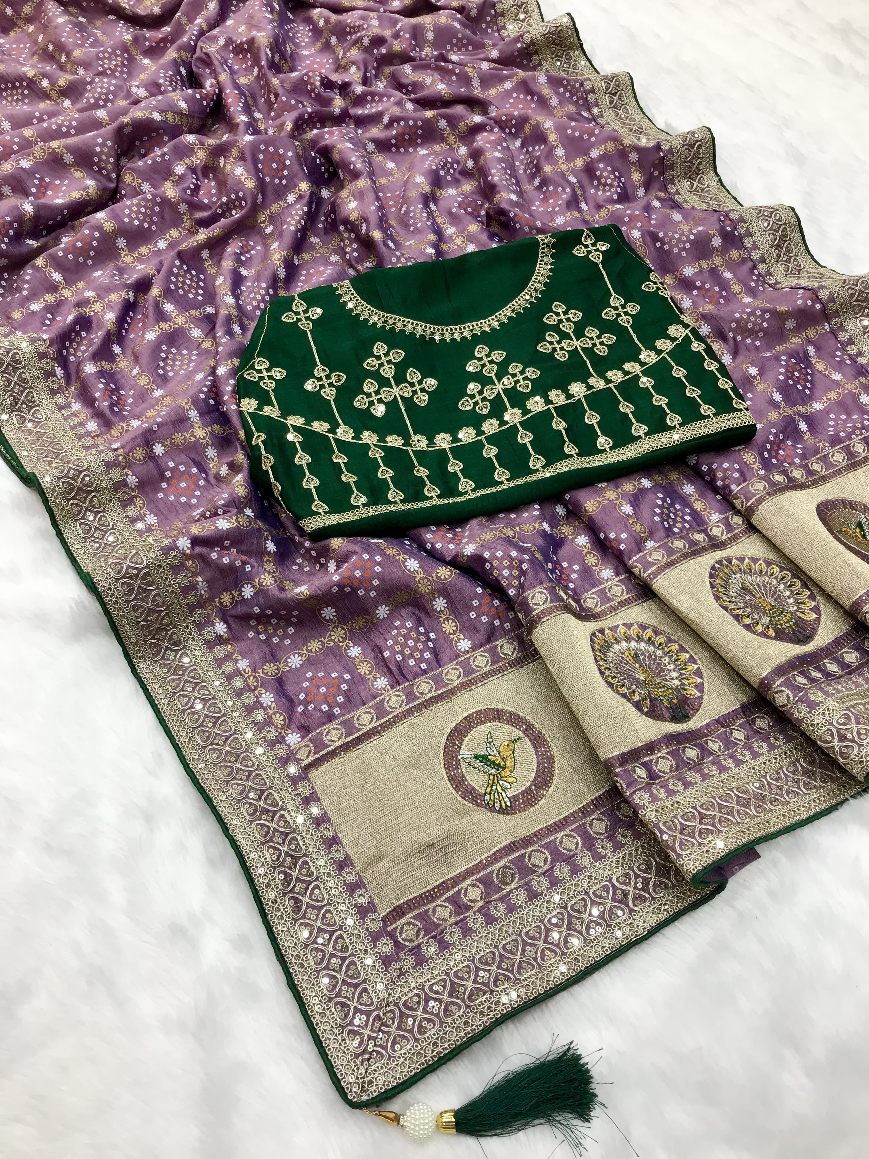 Green traditional blooming vichitra khadi bandhej silk saree - ANIBEY