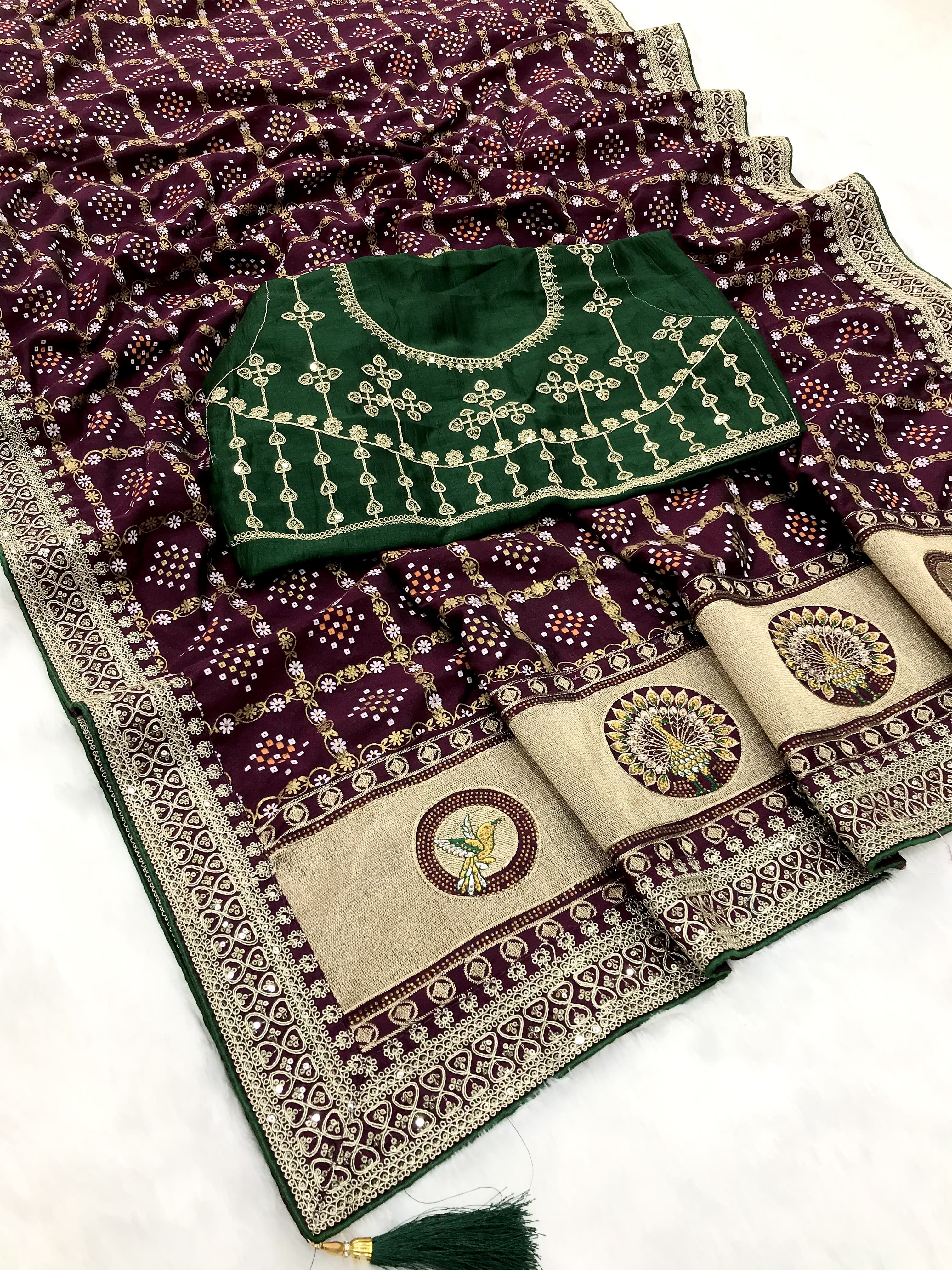 Green traditional blooming vichitra khadi bandhej silk saree - ANIBEY