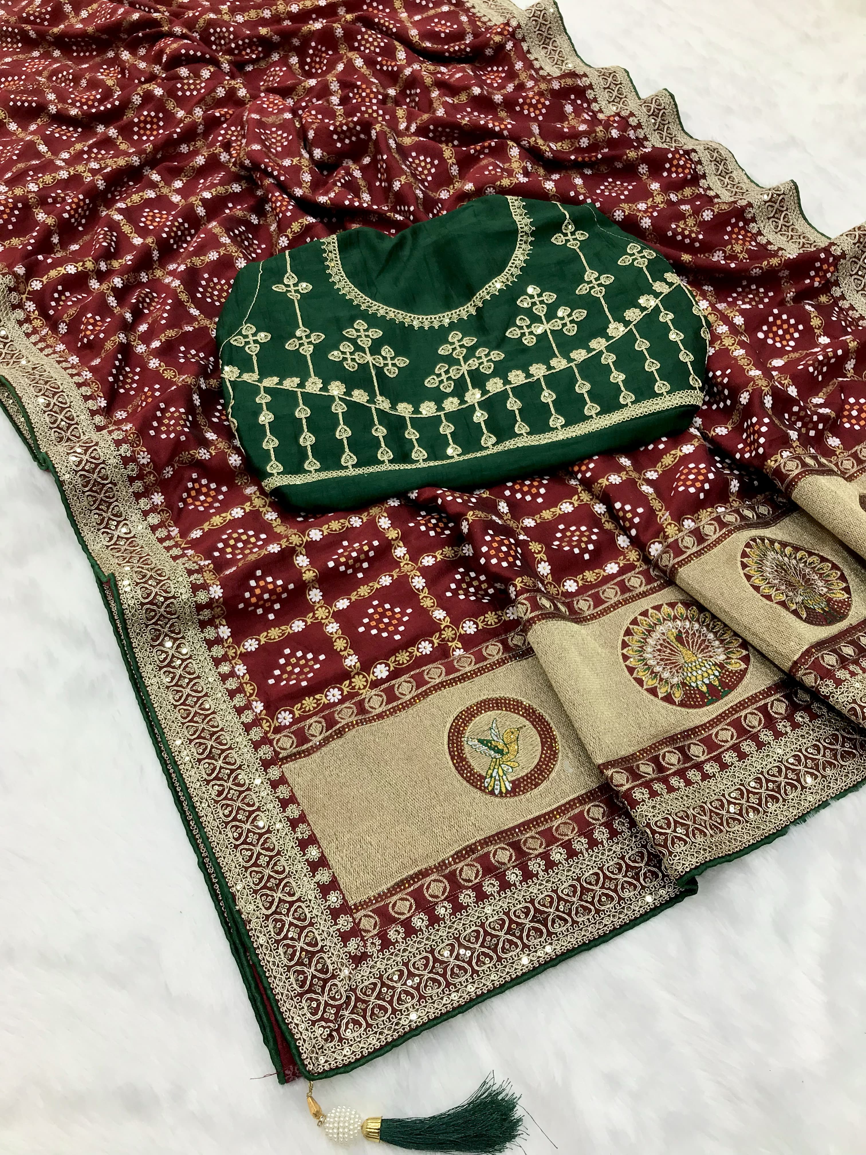 Green traditional blooming vichitra khadi bandhej silk saree - ANIBEY