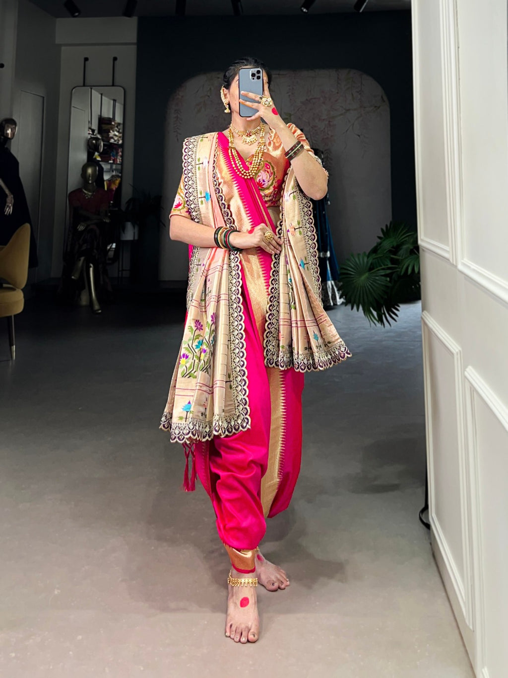 Pink Maharashtrian Bride Saree With Zari Weaving and Orange - ANIBEY