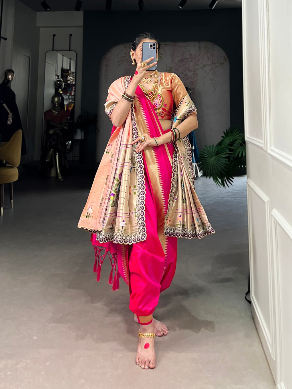 Pink Maharashtrian Bride Saree With Zari Weaving and Orange - ANIBEY