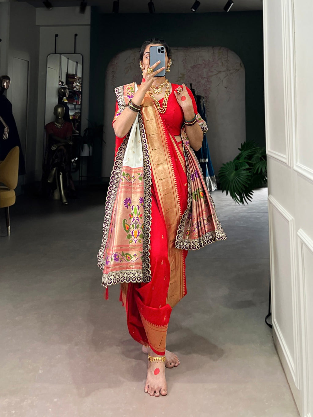 Pink Maharashtrian Bride Saree With Zari Weaving and Orange - ANIBEY
