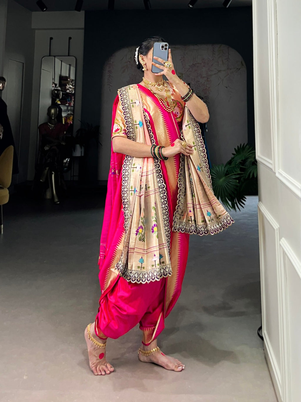 Pink Maharashtrian Bride Saree With Zari Weaving and Orange - ANIBEY