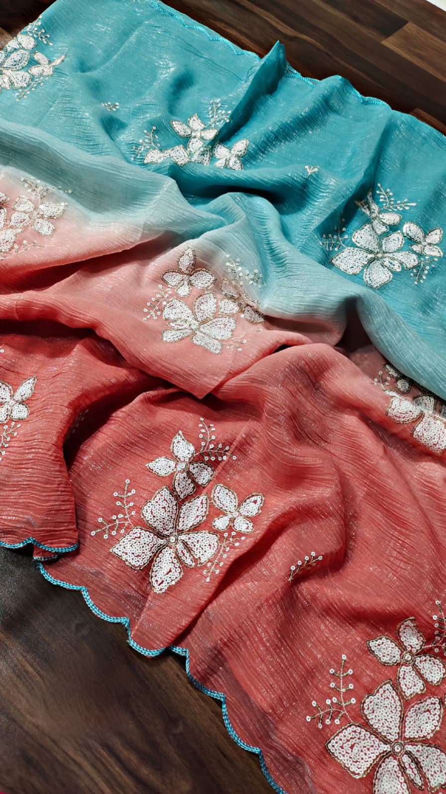Women's Shimmer Chiffon Sequence Embroidery Saree With Unstitched Blouse Piece - ANIBEY