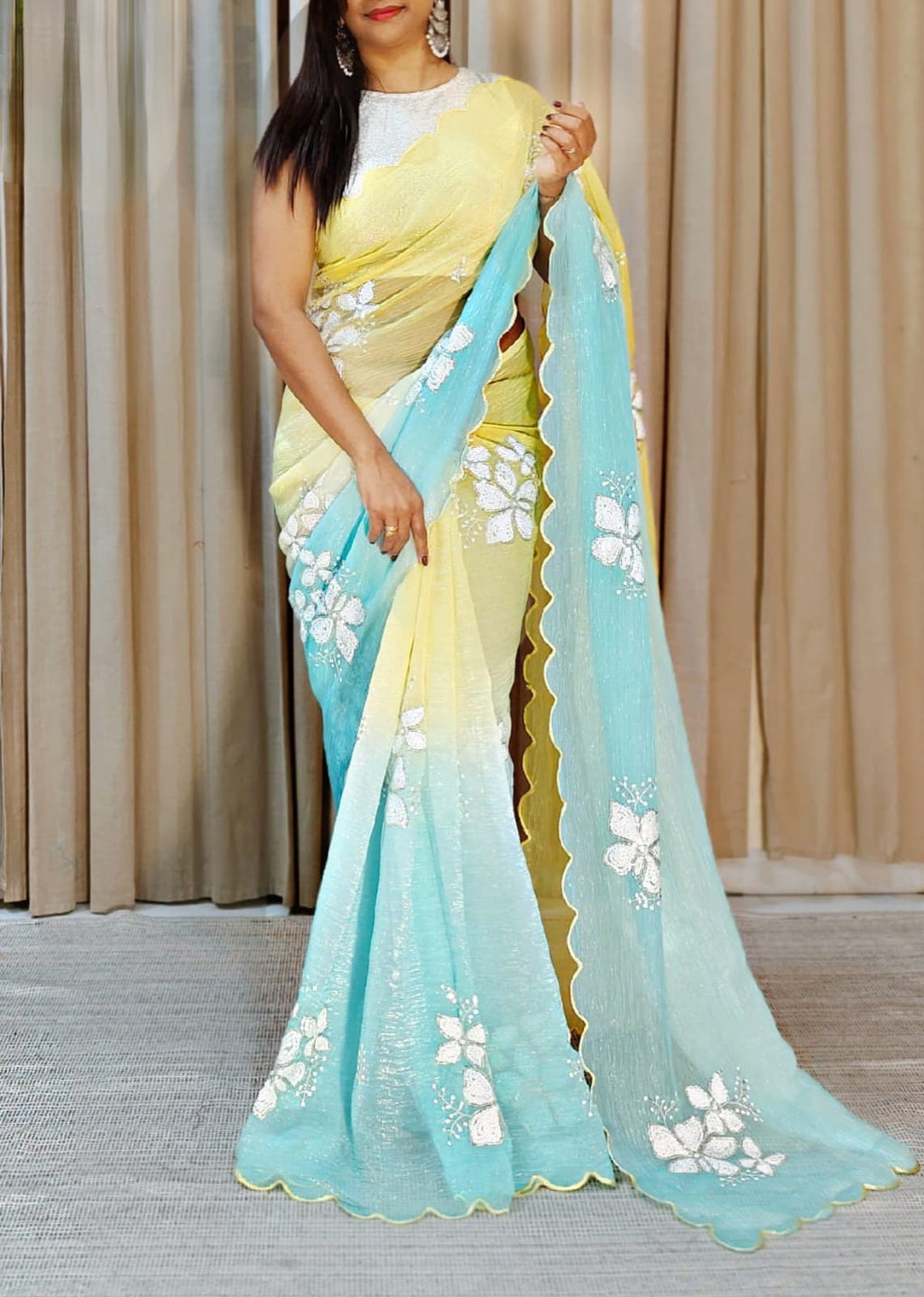 Women's Shimmer Chiffon Sequence Embroidery Saree With Unstitched Blouse Piece - ANIBEY