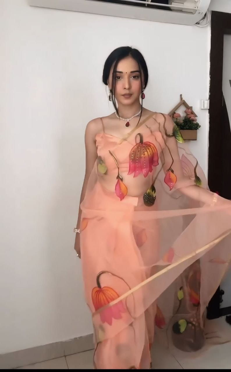 Peach Colour Organza Print And Handwork Ready To Wear Saree