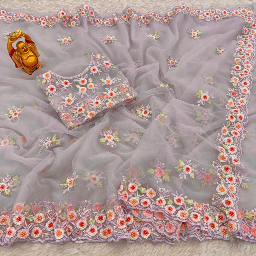 Premium Soft Net Saree Ready to Wear With Pearl and Sequin Embroidery All Over - ANIBEY