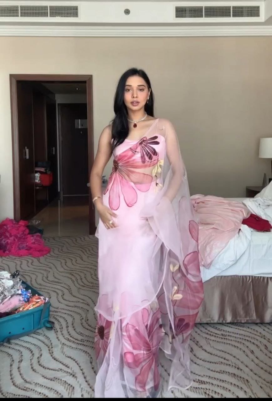 Ready To Wear Flower Print Light Pink Saree