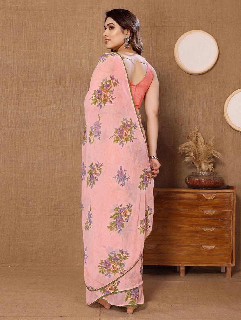 Satya Paul Linen Pink Peach Printed Silk Saree for Women - ANIBEY