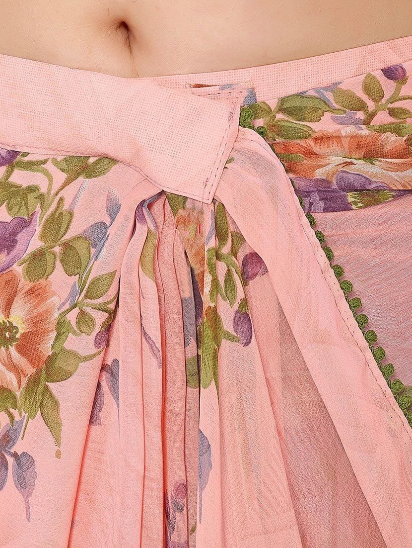 Satya Paul Linen Pink Peach Printed Silk Saree for Women - ANIBEY