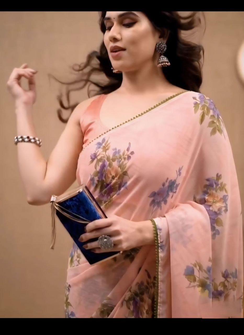 Satya Paul Linen Pink Peach Printed Silk Saree for Women - ANIBEY