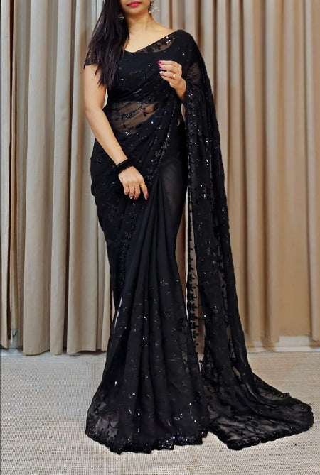 Women's Georgette Embellished Saree With Unstitched Blouse Piece - ANIBEY