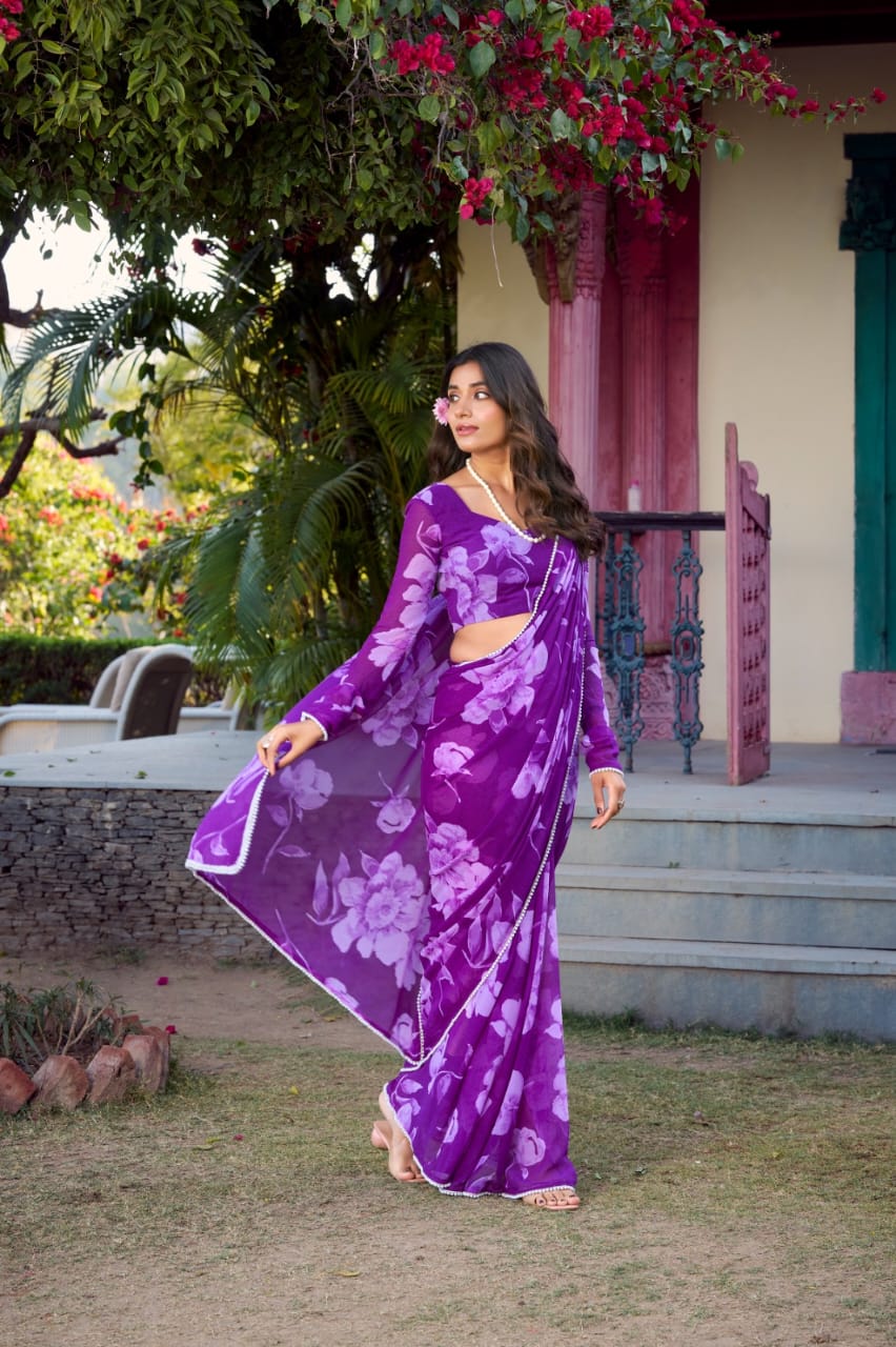 Buy Purple Floral Printed Chiffon Casual Wear Saree
