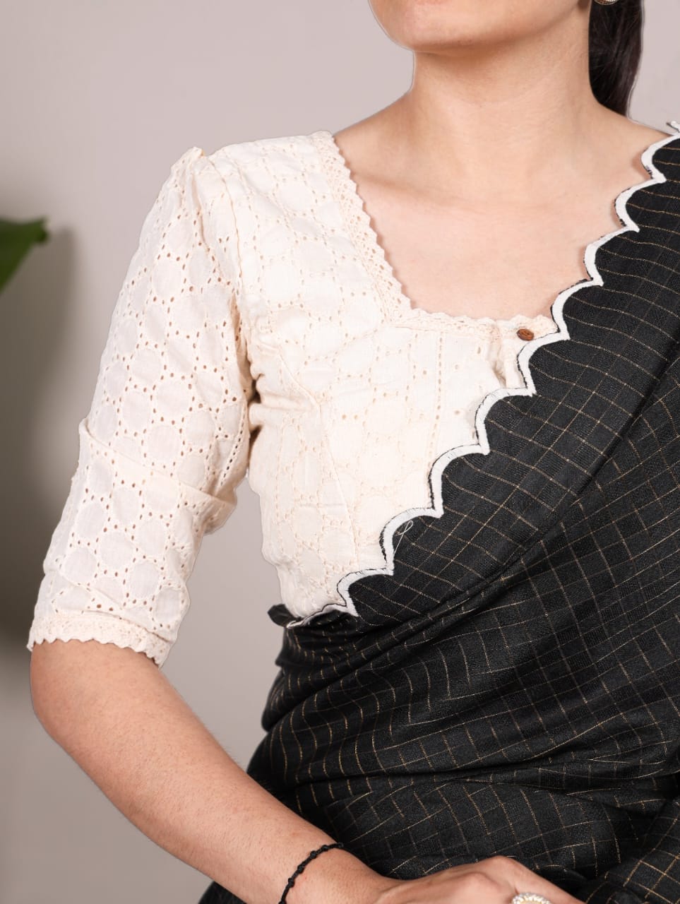 Aglow BLACk Color Gadwall Chex Arca Work Blouse(Stitched) - ANIBEY