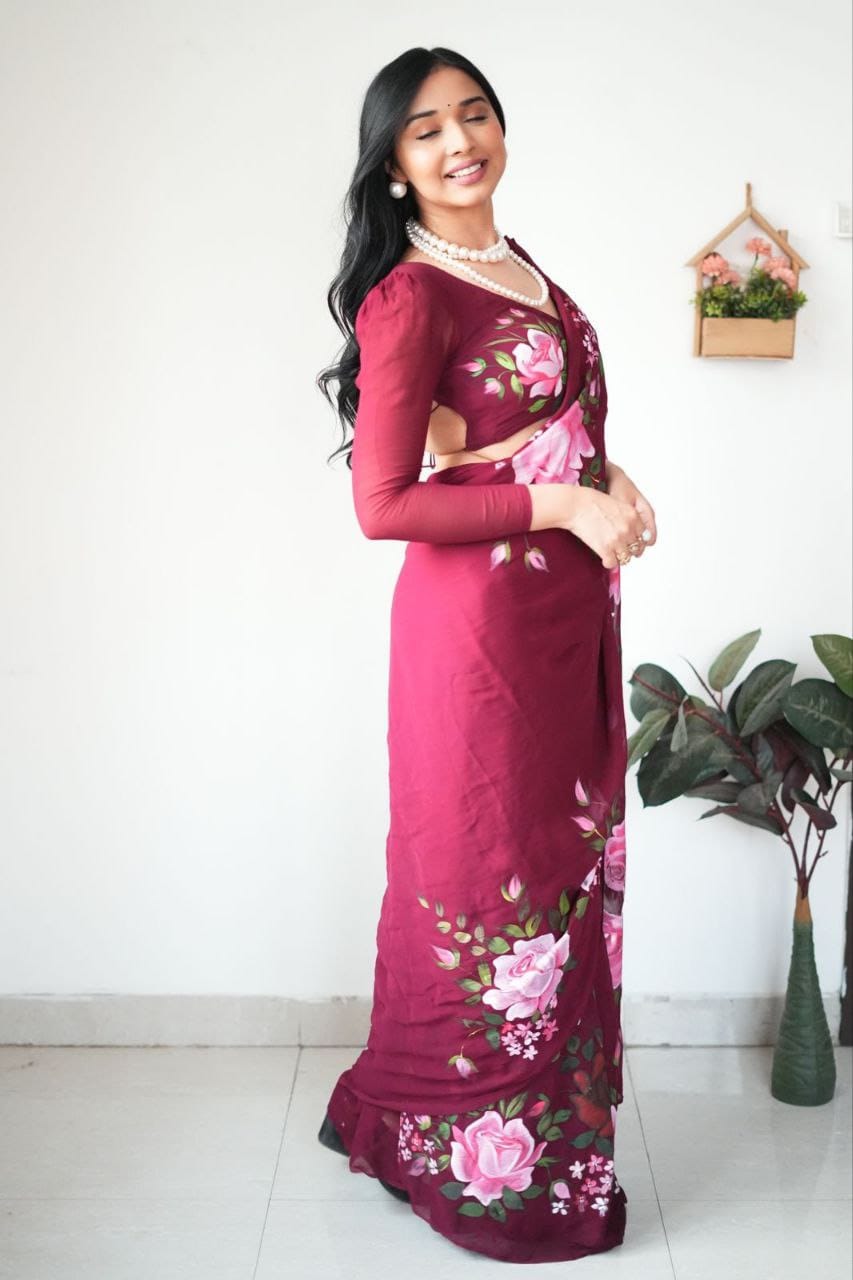 WOMEN'S PURE GEORGETT READY TO WEAR SAREE WITH