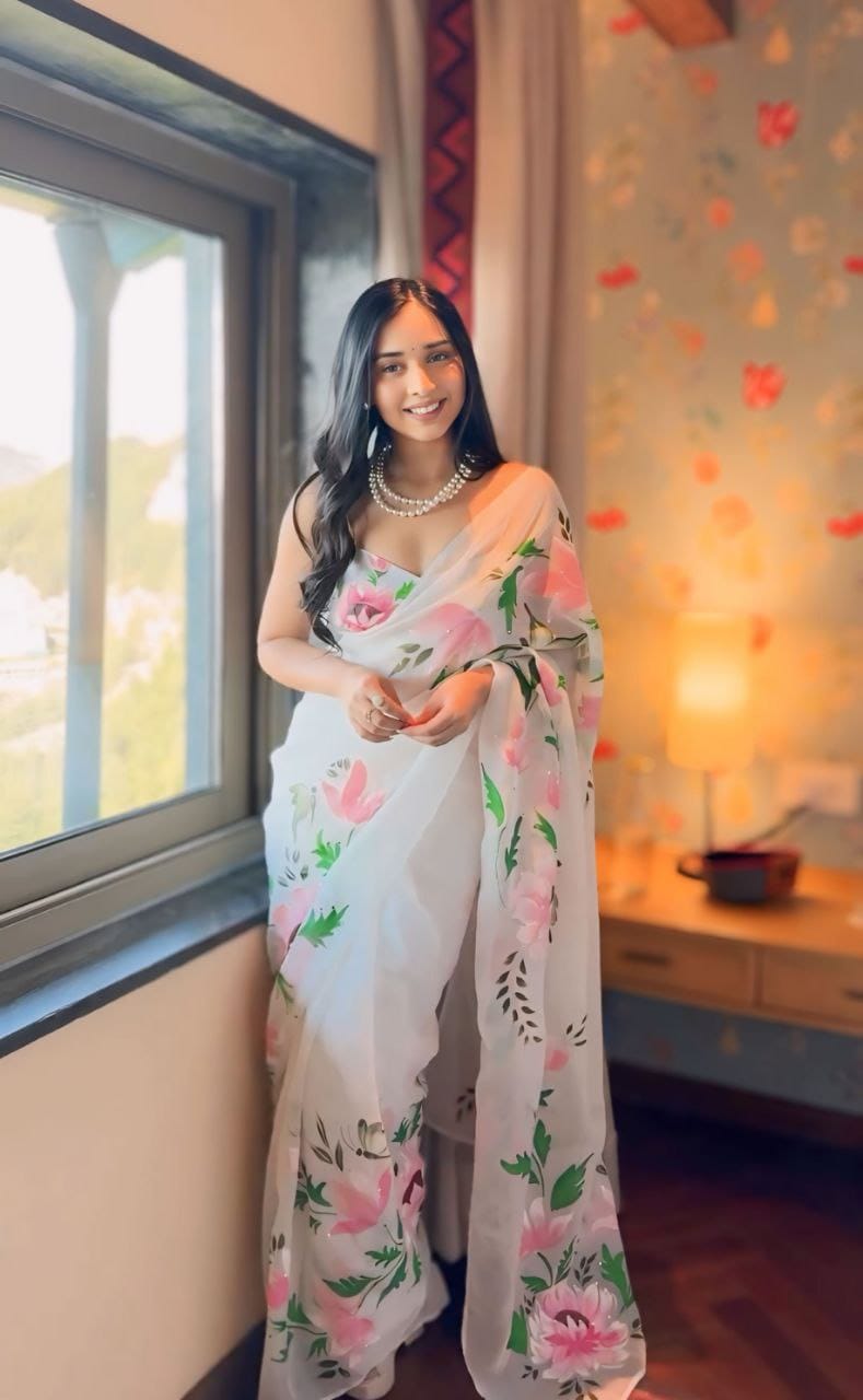 WOMEN'S PURE GEORGETT READY TO WEAR SAREE WITH - ANIBEY