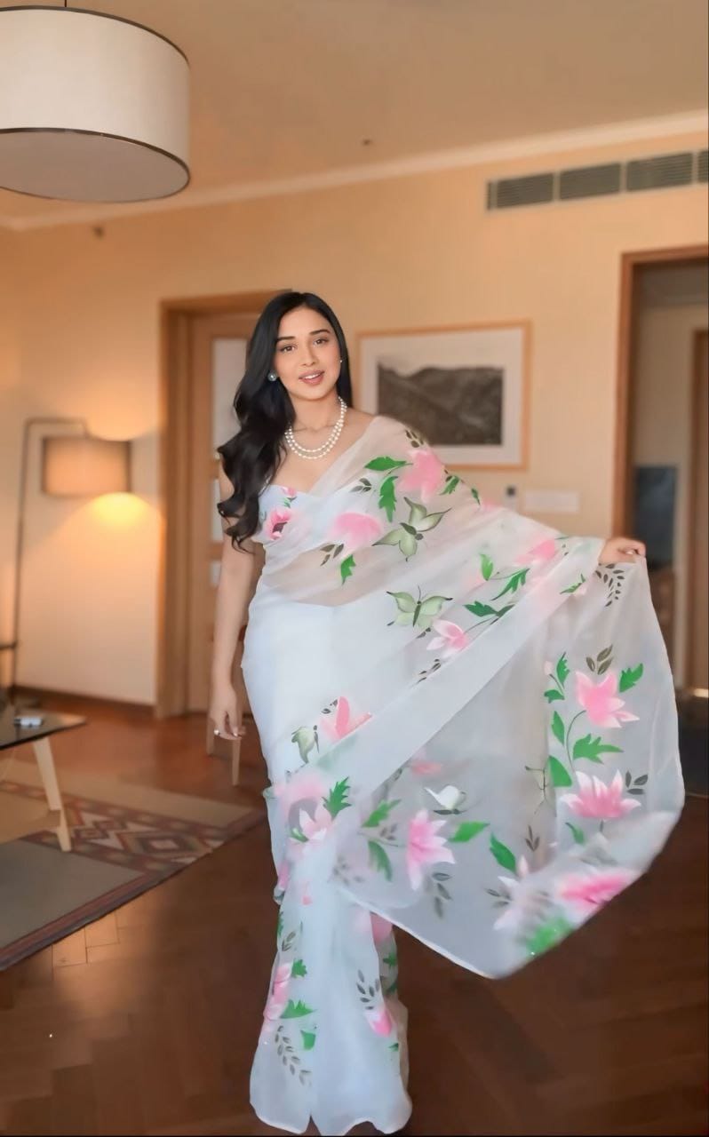 WOMEN'S PURE GEORGETT READY TO WEAR SAREE WITH - ANIBEY