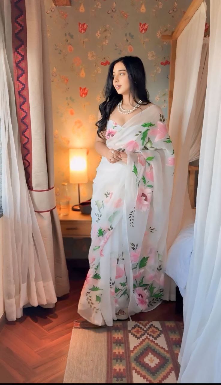 WOMEN'S PURE GEORGETT READY TO WEAR SAREE WITH - ANIBEY