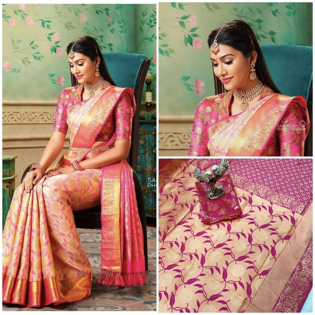 GOLDEN&WHITE BANARASI SOFT SILK SAREE BEAUTIFUL