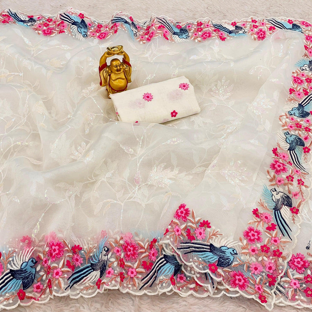Women's Organza Flower Embroidery Work Silk Saree With Blouse Piece - ANIBEY