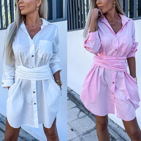 Multi-Color Rolled Sleeves Shirt Dress Women - ANIBEY