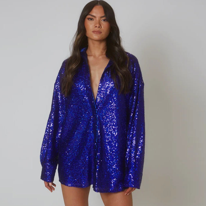 Elegant Sequin Lapel Long Sleeve Shirt Dress - ANIBEY