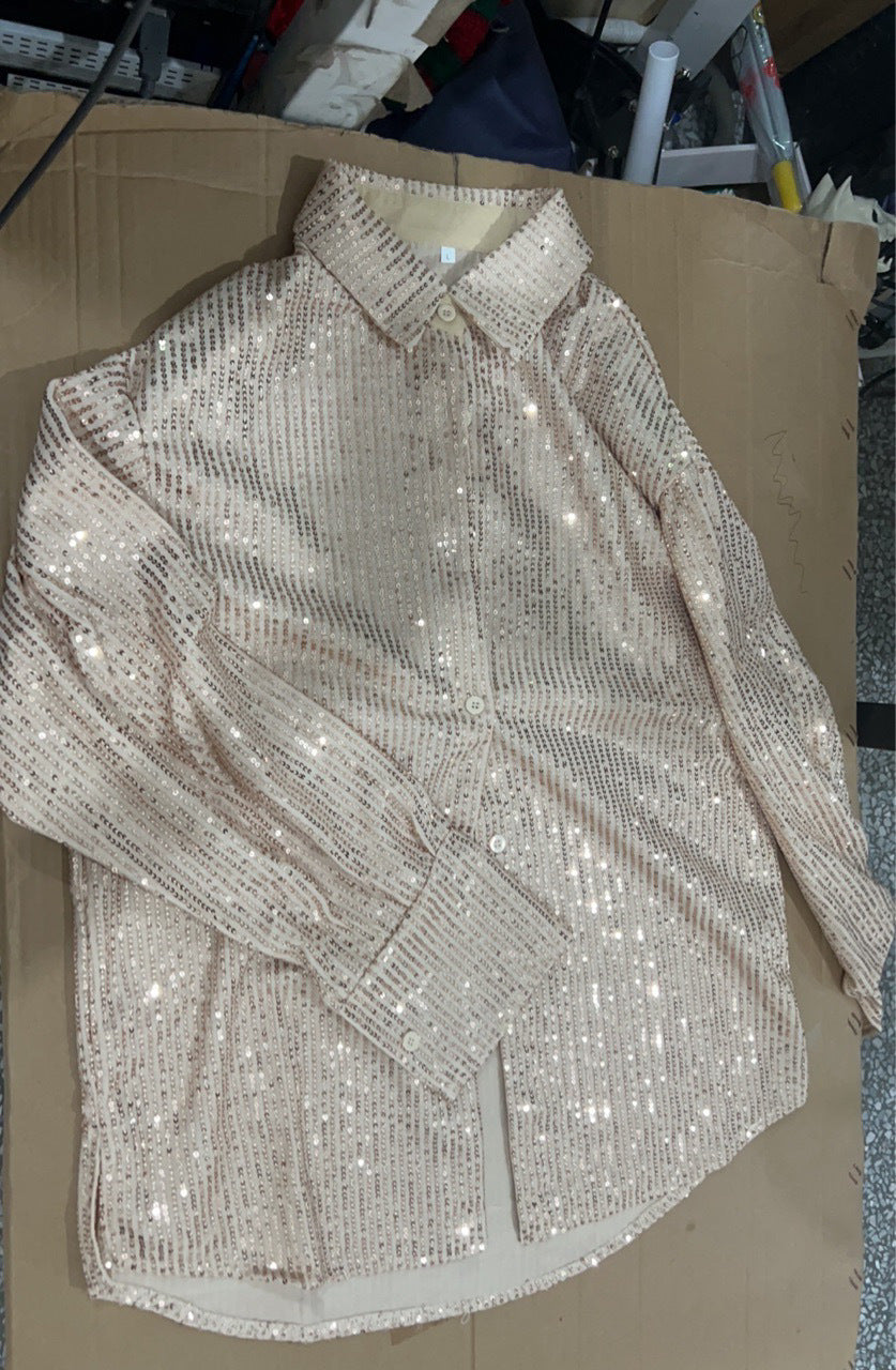 Elegant Sequin Lapel Long Sleeve Shirt Dress - ANIBEY