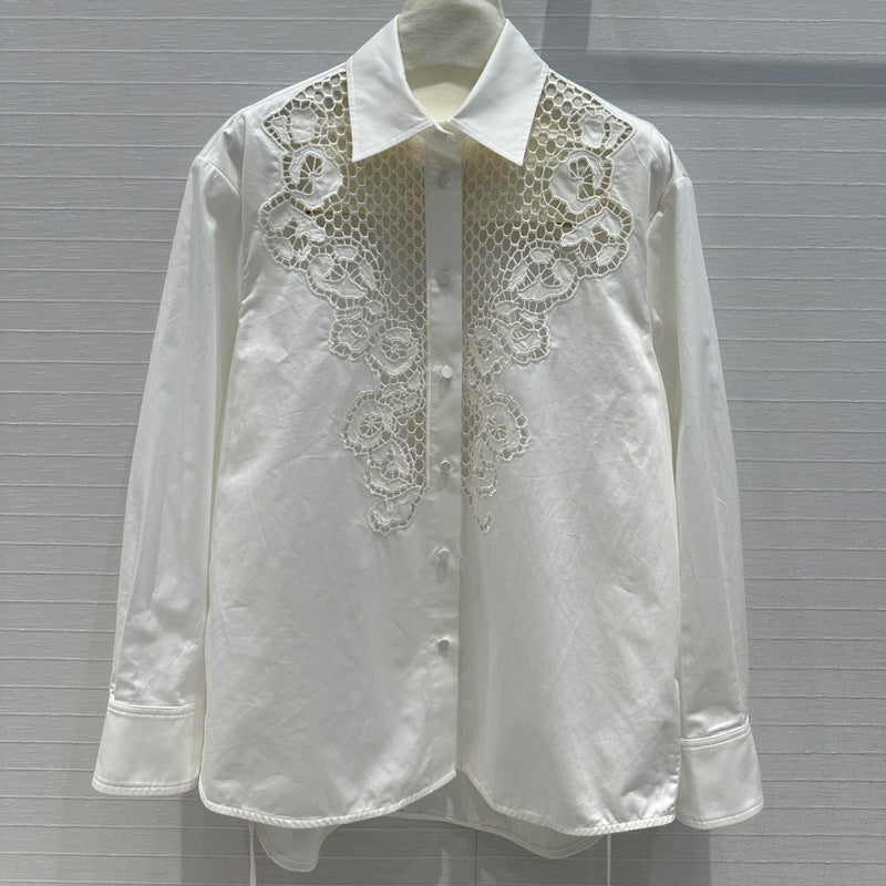 Lapel Shirt Dignified Hollow Mesh Long Sleeve Women - ANIBEY