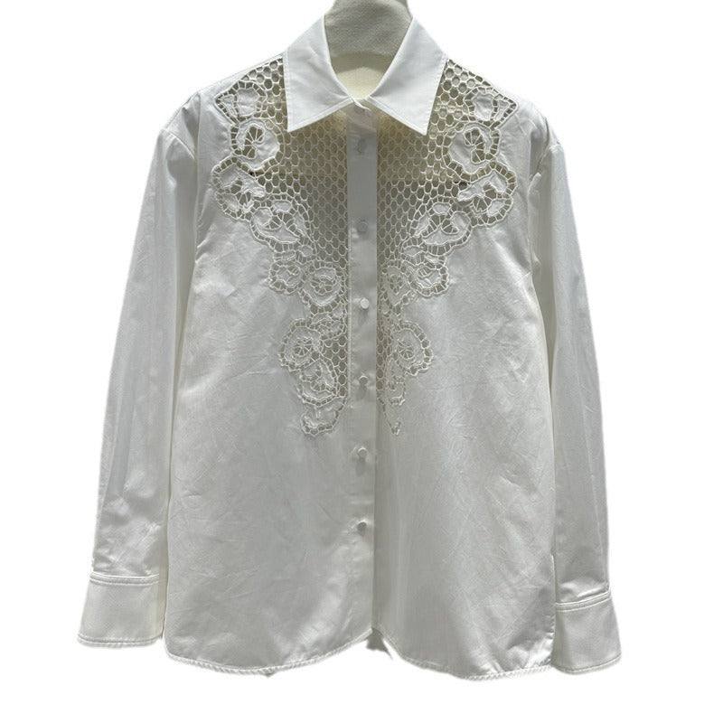 Lapel Shirt Dignified Hollow Mesh Long Sleeve Women - ANIBEY