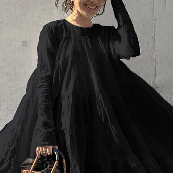 Women's Irregular Loose Long-sleeved Shirt Round Neck Dress - ANIBEY