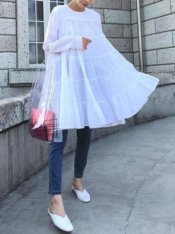 Women's Irregular Loose Long-sleeved Shirt Round Neck Dress - ANIBEY