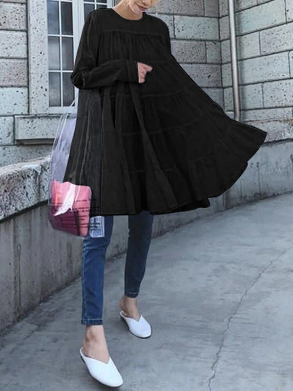 Women's Irregular Loose Long-sleeved Shirt Round Neck Dress - ANIBEY