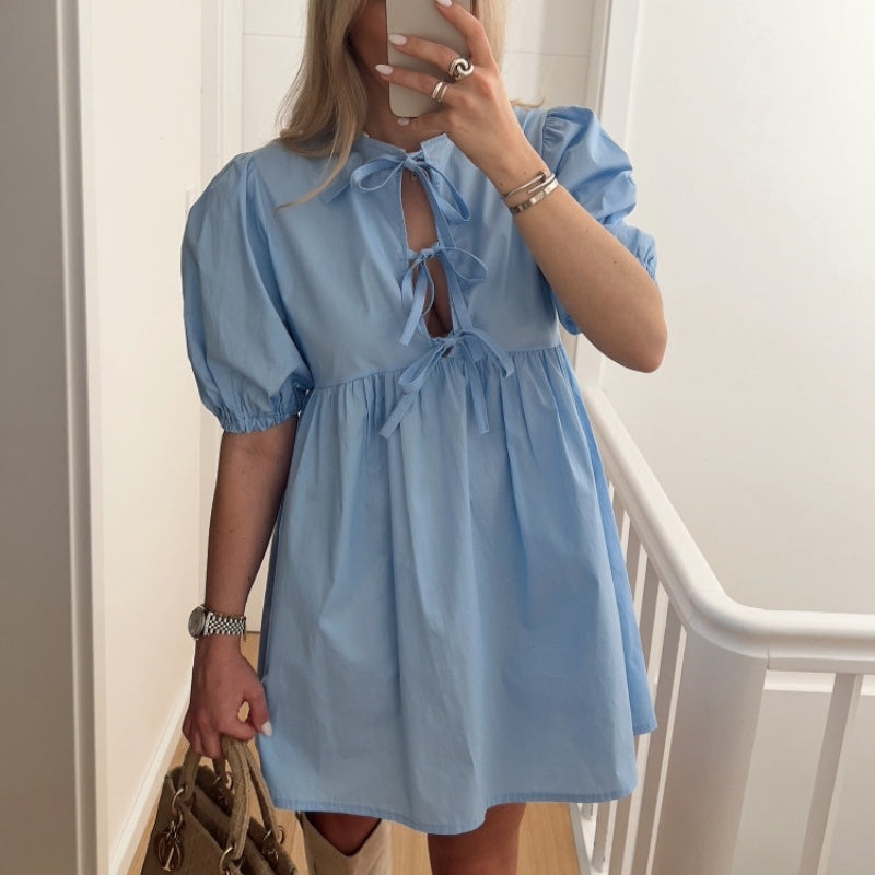 Lacing Mid-length Solid Color Shirt Dress Women - ANIBEY