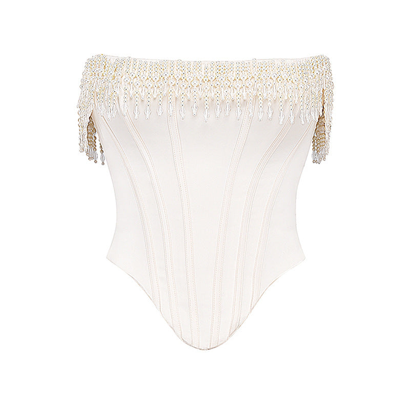 Solid Color Pearl Tube Top Sleeveless Fishbone Vest