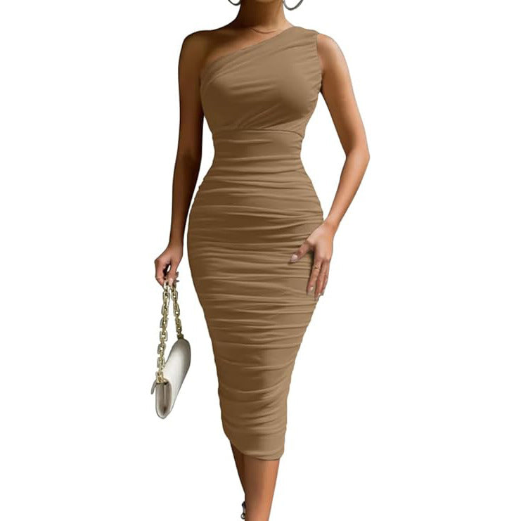 European And American Summer High-grade Slim-fit Oblique Shoulder Outer Wear Milk Silk Hot Girl Skirt - ANIBEY