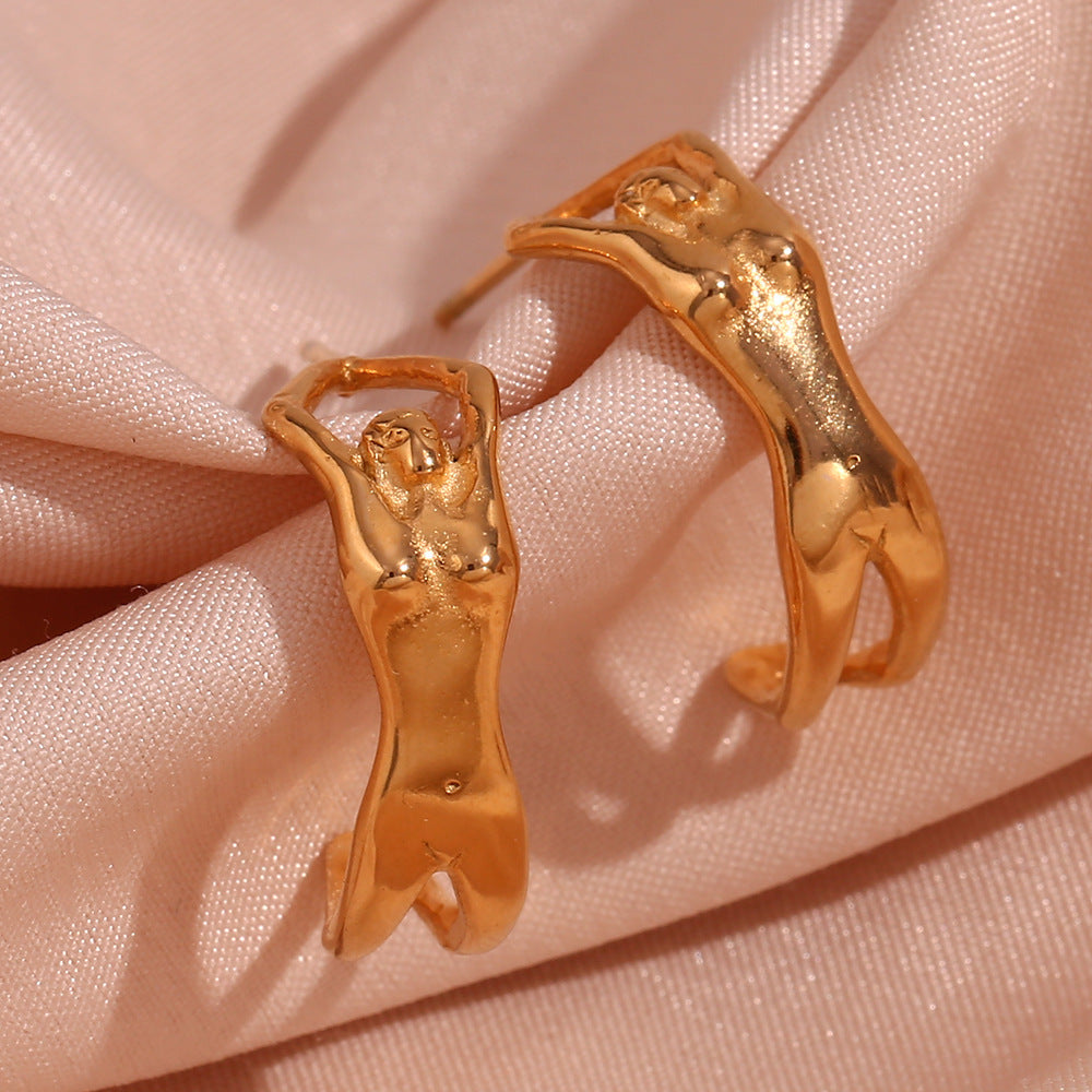 Cool Creative Titanium Stainless Steel 18K Gold Plated Niche Cast Humanoid Stud Earrings - ANIBEY