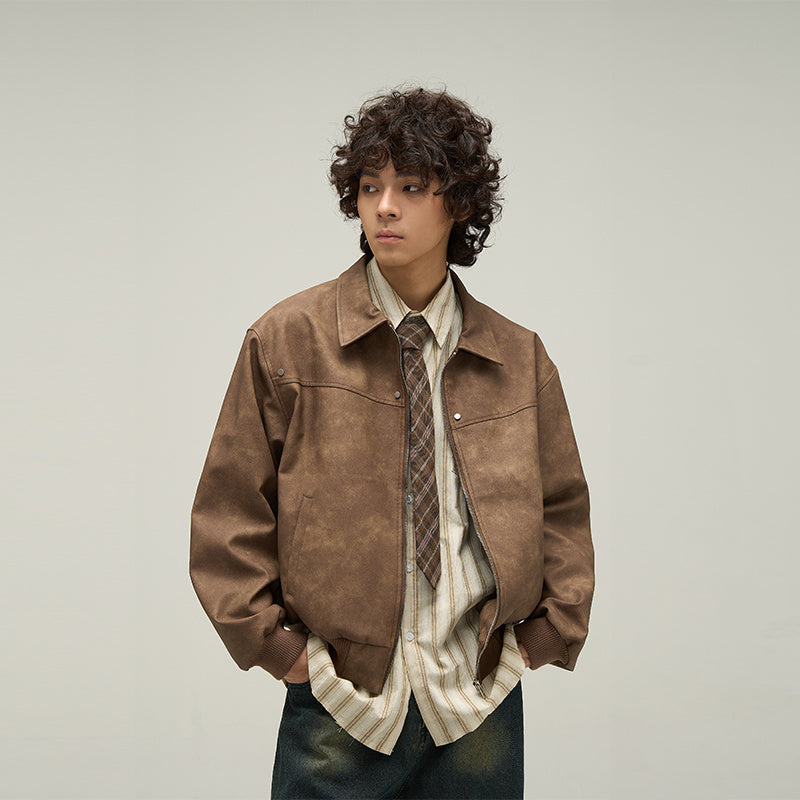 American Retro Brown Leather Jacket For Men - ANIBEY