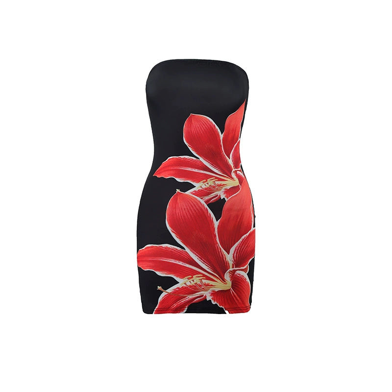 Women's Tube Top Flower Print Slim Sheath Short Dress
