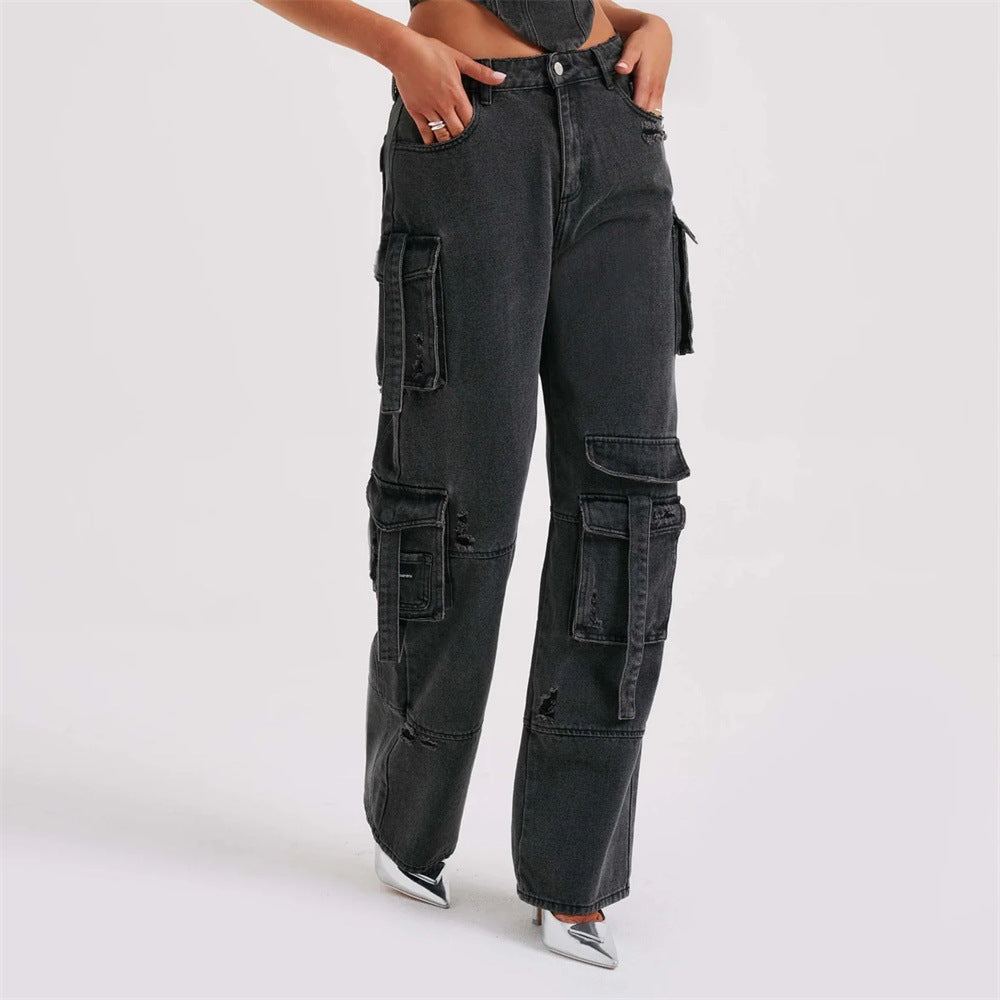 Denim Suits Summer Backless Tube Top And Multi-pocket Straight Trousers Fashion Long Pants Suit Womens Clothing