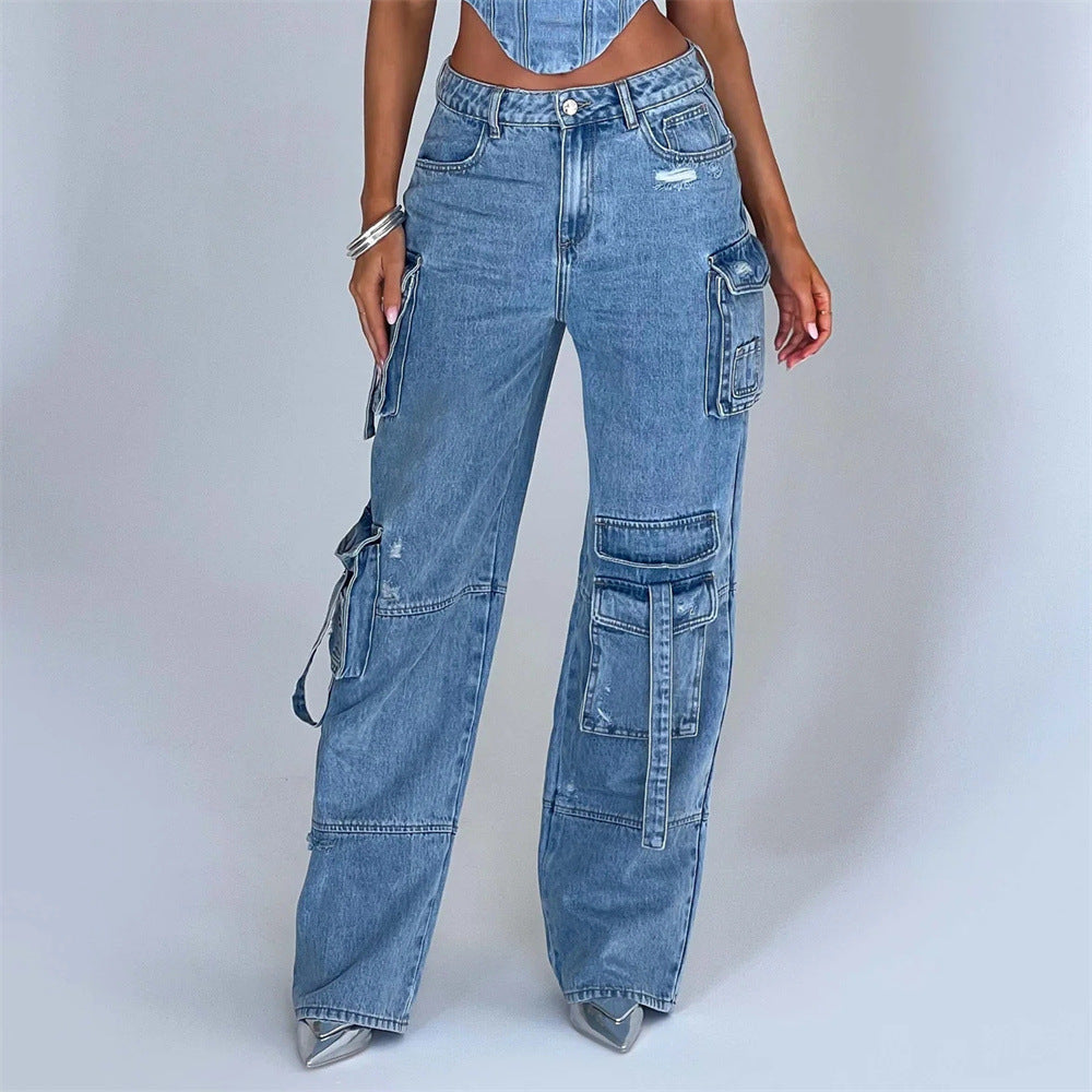 Denim Suits Summer Backless Tube Top And Multi-pocket Straight Trousers Fashion Long Pants Suit Womens Clothing