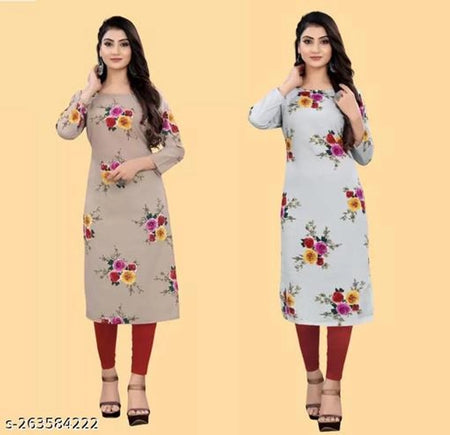 Crepe Printed Kurti for Women (Brown & Sky Blue, S) (Pack of 2) - ANIBEY