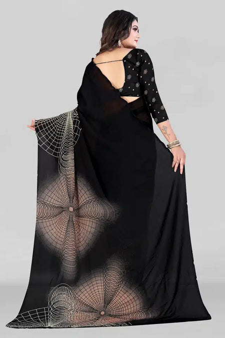 Georgette Printed Saree for Women (Black, 5.95 m) - ANIBEY