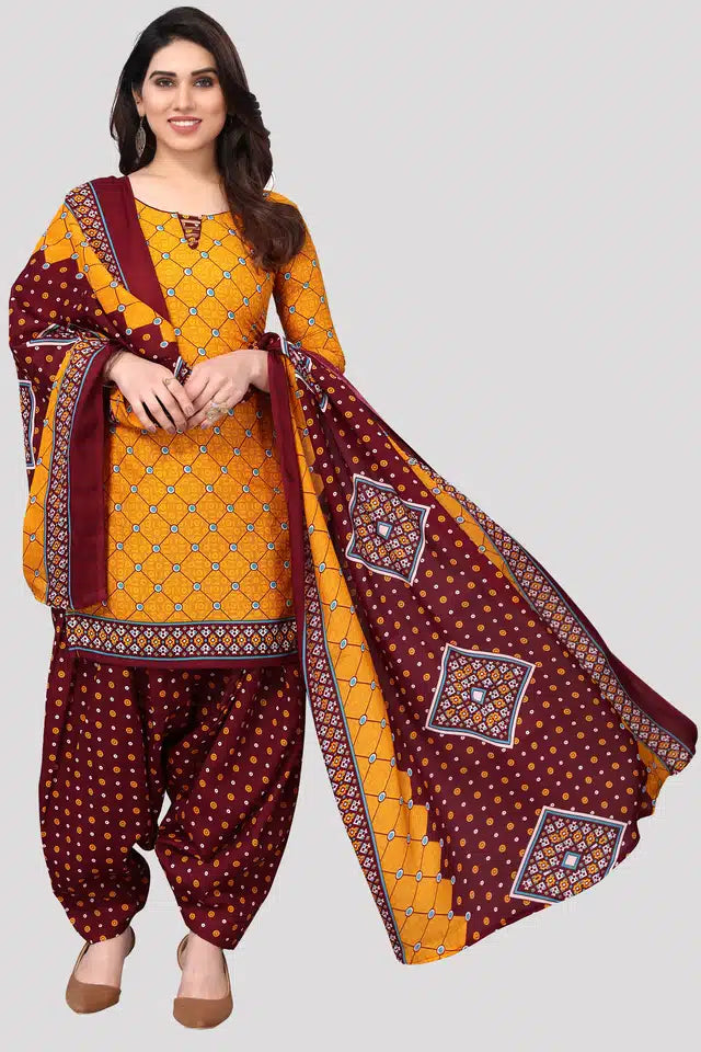 Cotton Yellow Unstitched Salwar Suit - ANIBEY
