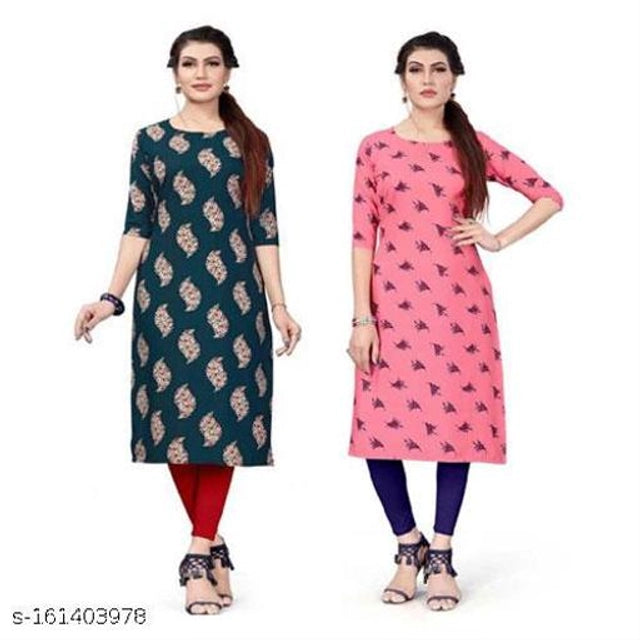 Crepe Printed Kurti for Women (Green & Pink, S) (Pack of 2) - ANIBEY