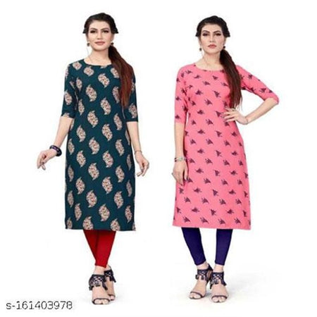 Crepe Printed Kurti for Women (Green & Pink, S) (Pack of 2) - ANIBEY