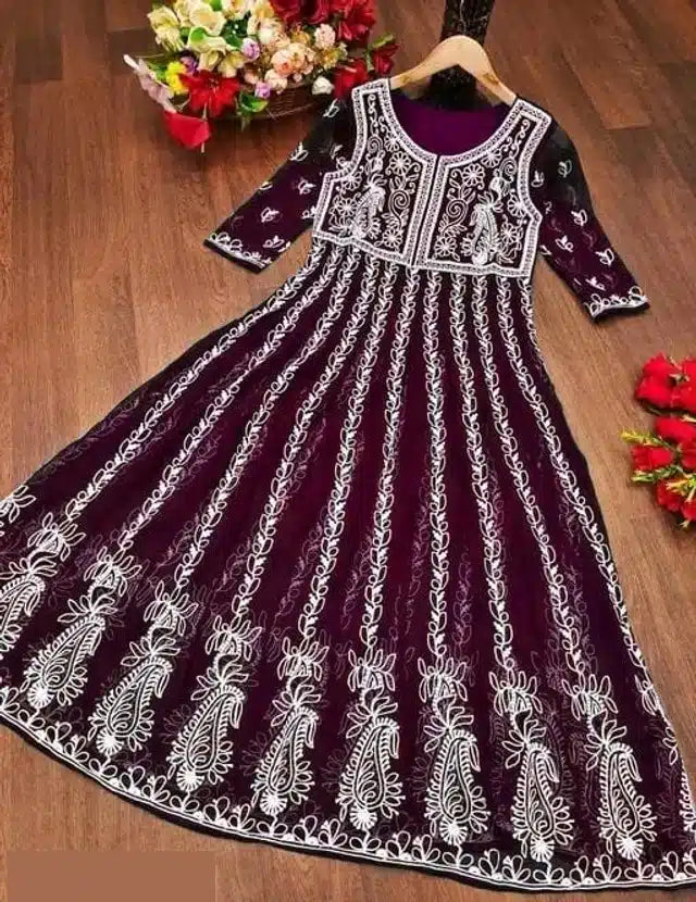 Georgette Embroidered Kurti for Women (Purple & White, S) - ANIBEY