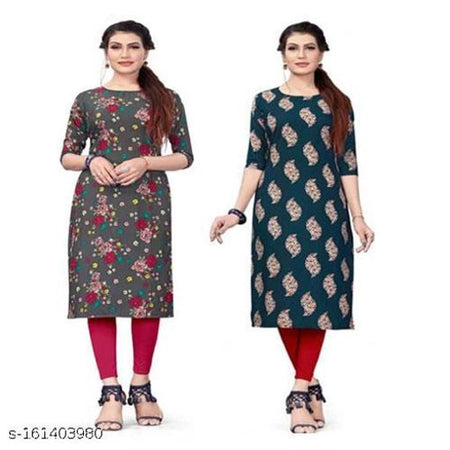 Crepe Printed Kurti for Women (Grey & Teal, S) (Pack of 2) - ANIBEY